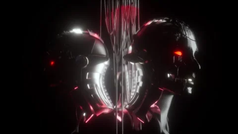 Futuristic Robotic Heads with Glowing Red Eyes Suspended in Dark, Mysteriou.. Stock Footage 314068720