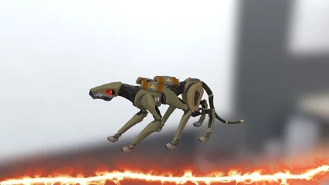 Futuristic robotic hound leaps over blazing fire, Stock Footage 322806461