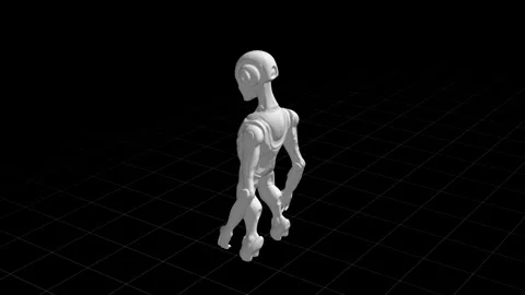 Futuristic Robotic Model in Dark Gridded Space Captured in 3D Perspective Stock Footage 339057848