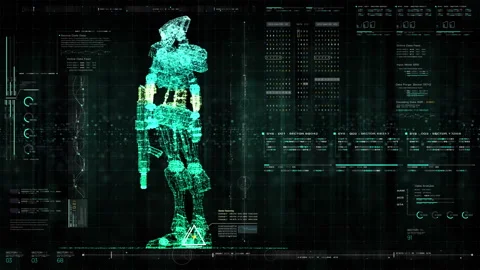 Futuristic Robotic Research And Development HUD about a robot Stock Footage 247477387