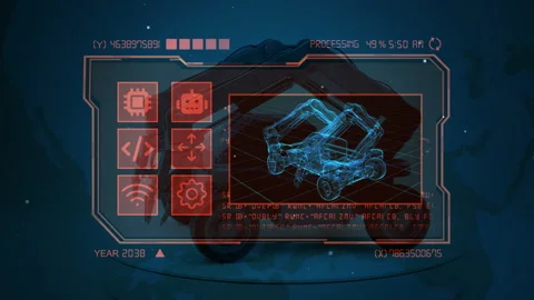 Futuristic Robotic Vehicle Design in Blue and Red Interface Display Stock Footage 339130572