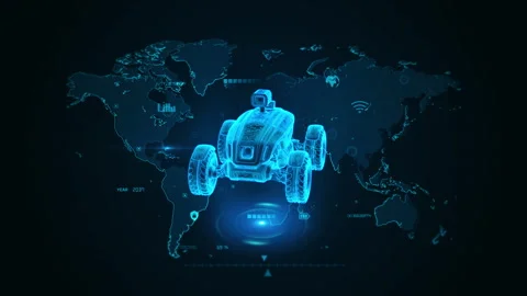 Futuristic Robotic Vehicle with Digital World Map Overlay Technology Concept Stock Footage 342006680