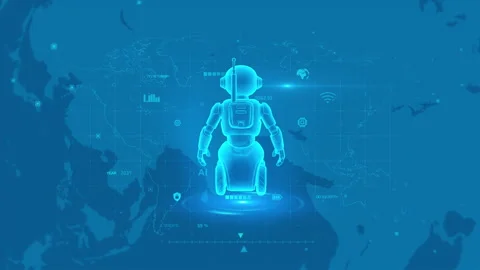 Futuristic Robotics Against Digital Map Backdrop in Blue Hue, Highlighting .. Stock Footage 342199751