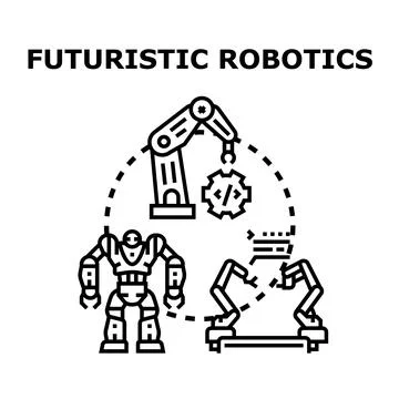 Futuristic robotics concept with industrial robots and humanoid droid Stock Illustration