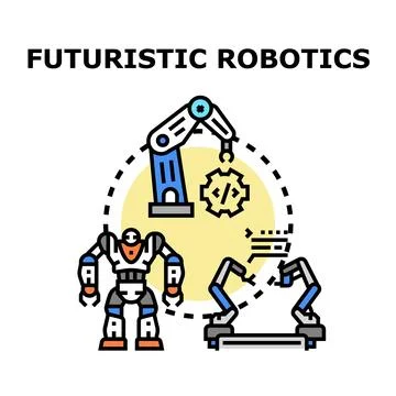 Futuristic robotics concept with industrial robots and humanoid droid イラスト素材