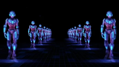 Futuristic Robotics: A March of Blue Neon Humanoids in Symmetrical Formation Stock Footage 339052585