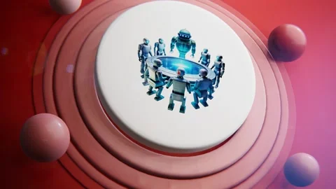 Futuristic Robots Gather Around a Circular Table in a Team Meeting Vídeos de archivo 296139737