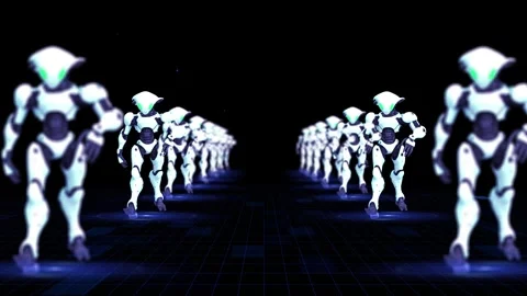 Futuristic Robots in Uniform Array in a Sci-Fi Dark Digital Grid Setting Stock Footage 339052530