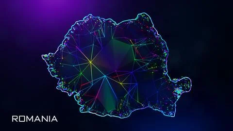 Futuristic Romania Map Polygonal Blue Purple Connected Lines Dots Wireframe  Illustrazione stock