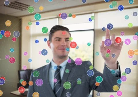 Futuristic room interface color dots in the office. Businessman 스톡 사진