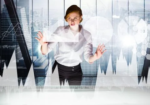 Futuristic room interface, graphics in front of the window of the office Stock Photos