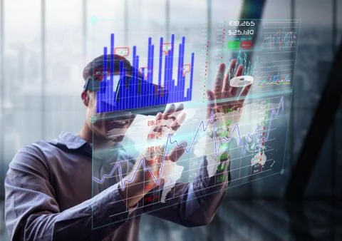 Futuristic room interface Man in front of the window with 3D glasses Stock Photos