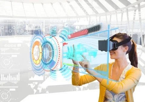 Futuristic room interface, yellow jacket woman Stock Photos