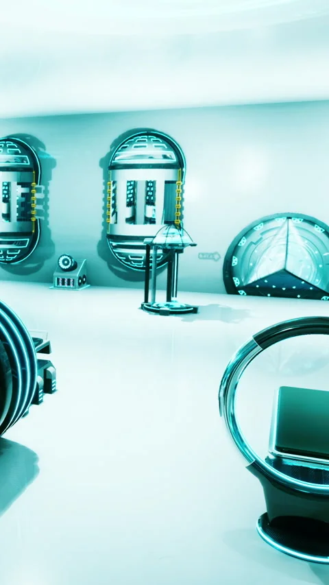 Futuristic room with technology and devices in a bright setting Stock Footage 340282421