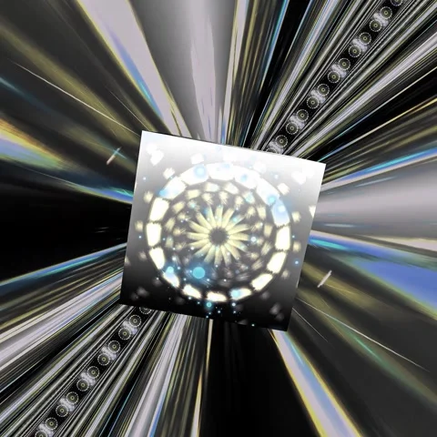 Futuristic Rotating Cube with Mandala Patterns in Hyperspace Tunnel Stock Footage 333859308