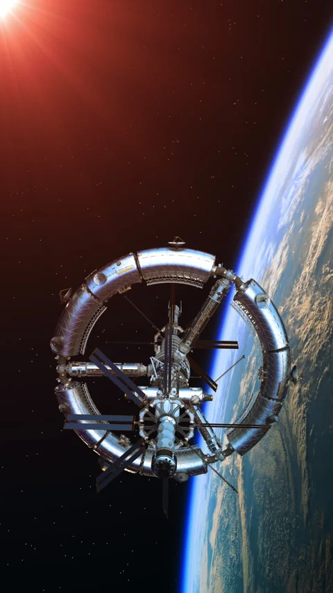 Futuristic rotating space station orbiting Earth Stock Footage 341347198