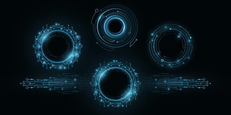 Futuristic round glowing HUD elements. Artificial intelligence frames. Virtua Illustrazione stock