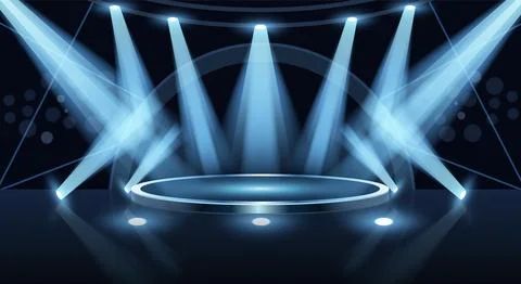 Futuristic round stage podium bright blue spotlights on a dark abstract bac.. イラスト素材