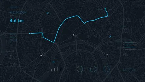 Futuristic route dashboard GPS tracking map, navigate mapping technology and  Illustrazione stock