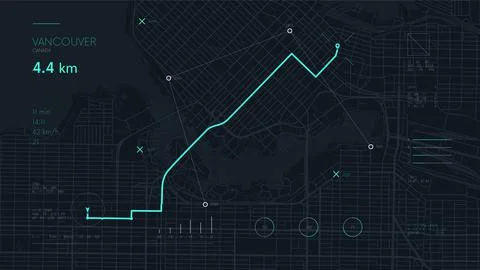 Futuristic route dashboard GPS tracking map, navigate mapping technology and  Illustrazione stock