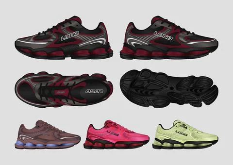 Futuristic Running Sneaker Technical Flat Design, Lifestyle Trainer Shoe Mockup 库存插图