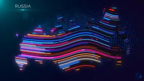 Futuristic Russia Map With Neon Waves And Country Text Stock Illustration