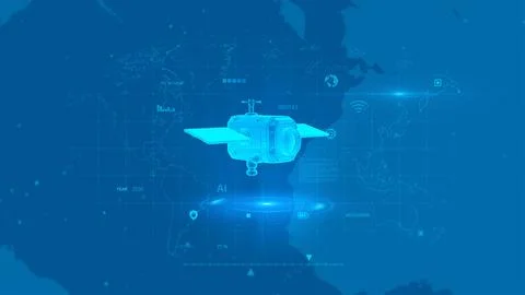 Futuristic Satellite Mapping the World with AI Technology in Blue Tones Stock Illustration