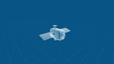 Futuristic Satellite Render with Digital Blueprint Aesthetic on Grid Backgrou Stock Illustration