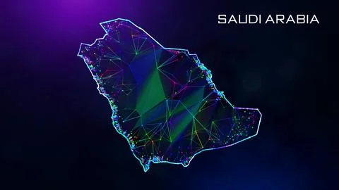 Futuristic Saudi Arabia Map Polygonal Blue Purple Connected Lines Dots Wireframe Stock Illustration