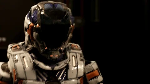 Futuristic Scene: Cyborg in High-Tech Space Corridor Stockbeeldmateriaal 115198545