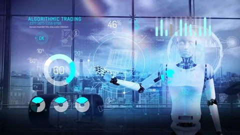 Futuristic scene with infographics about algorithmic trading. Stock Illustration