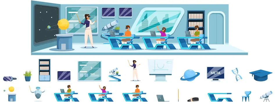Futuristic school vector. A classroom scene with a teacher and students Stock Illustration