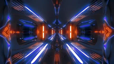 Futuristic sci-fi alien space tunnel corridor with glass windows 3d illustration Illustrazione stock