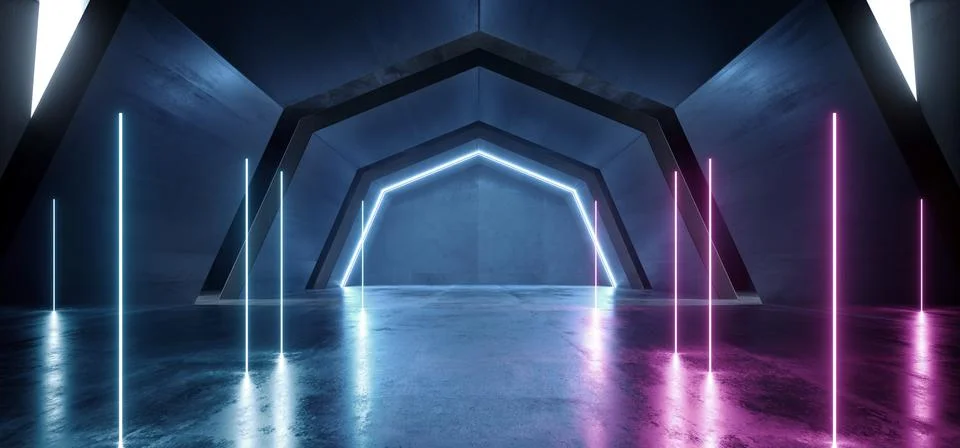 Futuristic Sci Fi Arch Purple Blue Laser Neon Lights Glowing Dark Grunge Refl Stock Illustration