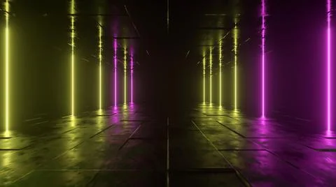 Futuristic sci fi bacgkround. Pink yellow neon lights glowing in a room with  Stock Illustration