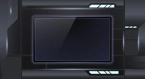 Futuristic sci fi background glossy black screen frame on dark metallic, hi.. Stock Illustration
