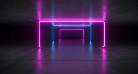Futuristic Sci Fi Blue And Purple Neon Tube Lights Glowing In Concrete Floor  Stock Photos