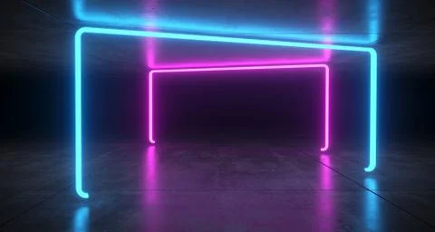 Futuristic Sci Fi Blue And Purple Neon Tube Lights Glowing In Concrete Floor  Stock Photos