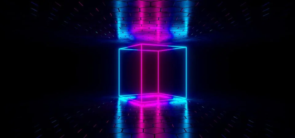 Futuristic Sci-Fi Blue Glowing Neon Tube Circle Shaped Lights In Dark Room Wi Stock Illustration
