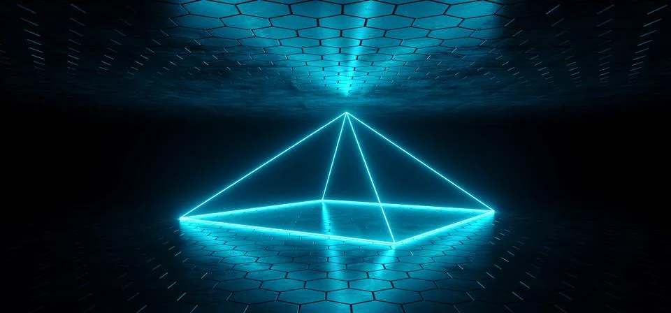 Futuristic Sci-Fi Blue Glowing Neon Tube Pyramid Shaped Object  Lights In Dar Illustrazione stock