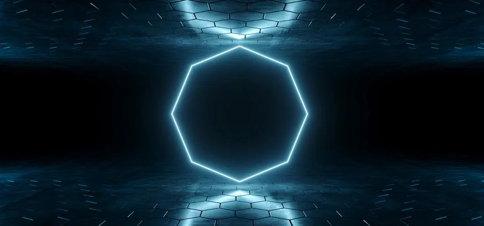 Futuristic Sci-Fi Blue Glowing Neon Tube Octagon Shaped Lights In Dark Room W Illustrazione stock