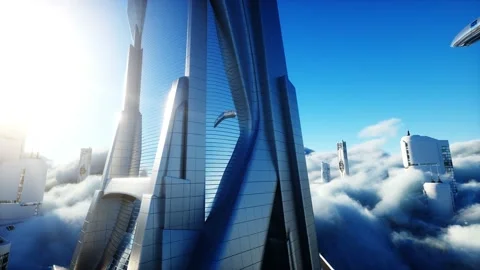 Futuristic sci fi city in clouds. Utopia. concept of the future. Flying Stockbeeldmateriaal 145920643