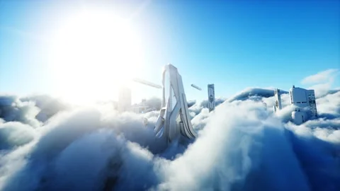 Futuristic sci fi city in clouds. Utopia. concept of the future. Flying 스톡 동영상 145920668