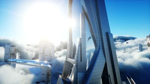 Futuristic sci fi city in clouds. Utopia. concept of the future. Flying Stock Footage 145920756