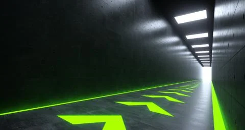Futuristic Sci-FI Corridor With Green Pointing Arrows Lights And Reflections. イラスト素材