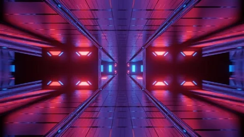 Futuristic Sci-Fi Corridor with Neon Blue and Pink Lights Stock Footage 303140579