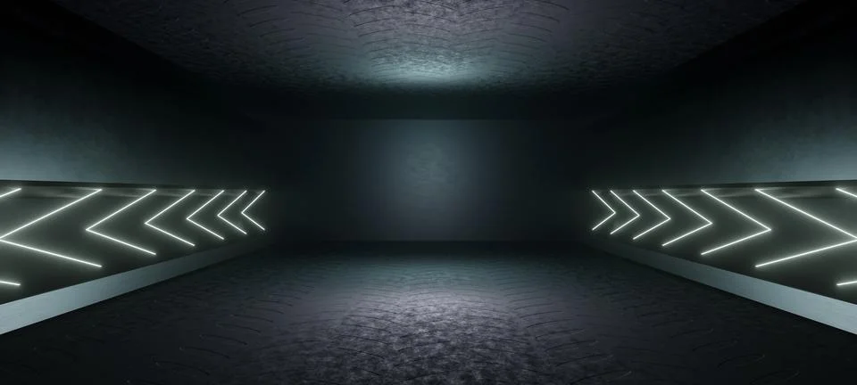 Futuristic Sci Fi Dark Empty Room With Neon Glowing Arrow Tubes On Grunge Con 库存插图