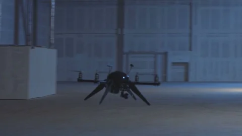 Futuristic sci-fi delivery drone flies inside giant warehouse Stock Footage 106711115