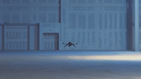 Futuristic sci-fi delivery drone flies inside giant warehouse v2 Stock Footage 106711188
