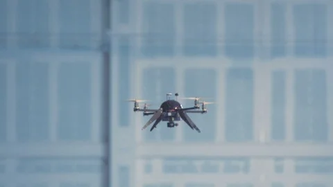 Futuristic sci-fi delivery drone flies inside giant warehouse v4 Stock Footage 106711275